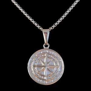 Stainless Steel 21" Compass Pendant Necklace Silver Nautical Medallion